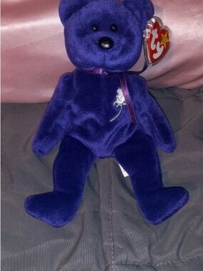 Ty Purple Plush Bear with Satin Ribbon and Rose Embroidery